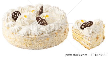 Cake with chocolate and cream. Cream pie with chocolate and slice isolated on white bakcground with clipping path 101873380