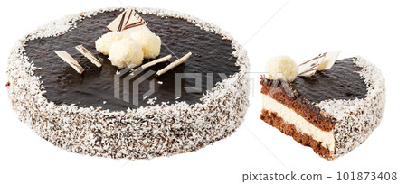 Cake with chocolate and coconut flakes. Birthday pie with white chocolate, coconut balls and slice isolated on white bakcground with clipping path Cake with chocolate and coconut flakes. Birthday pie with white chocolate, coconut balls and slice isolated on white bakcground with clipping path 101873408