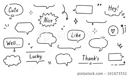 Balloon text frame decoration set. Simple hand drawn pen line speech bubble, cloud, balloon frame for text border. Doodle elegant dialog bubble, title headline. Vector Balloon text frame decoration set. Simple hand drawn pen line speech bubble, cloud, balloon frame for text border. Doodle elegant dialog bubble, title headline. Vector 101873552