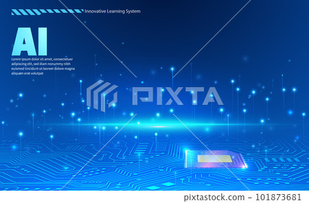 AI technology concept chipset on circuit board in futuristic style gradient blue glowing dot elegant background 101873681