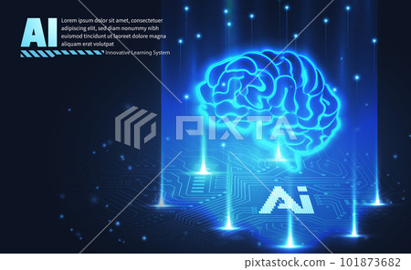 AI technology concept chipset on abstract shinny gradient brain in futuristic style purple blue tone circuit board background 101873682