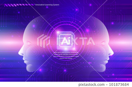 AI technology concept artificial abstract human side face and chip circuit board with futuristic style elegant purple pink gradient background 101873684