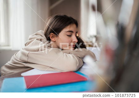 Teenage girl fall asleep during studying in her room. 101873725