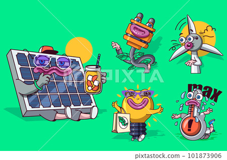 Greene energy concept with 3d cute cartoon characters set. Funny avatars of solar panel, plug for socket, wind turbine, eco light bulb, hot thermometer. Vector illustration with comic mascots design Greene energy concept with 3d cute cartoon characters set. Funny avatars of solar panel, plug for socket, wind turbine, eco light bulb, hot thermometer. Vector illustration with comic mascots design 101873906
