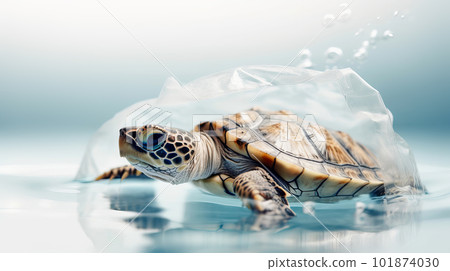 Turtle in plastic bag. Platic pollution problem. Environment concept. Protect turtles. Generative AI illustration 101874030