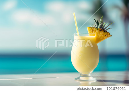 Pina colada cocktail on poolside by light blue sunny sea. Generative AI illustration Pina colada cocktail on poolside by light blue sunny sea. Generative AI illustration 101874031