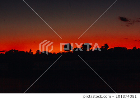Silhouettes of black trees against a red sunset sky. Evening turns to night. Natural abstract black red background with cloudy sky. Sunrise in a meadow. Wild nature. Silhouettes of black trees against a red sunset sky. Evening turns to night. Natural abstract black red background with cloudy sky. Sunrise in a meadow. Wild nature. 101874081