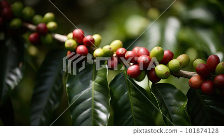 Coffee tree with red coffee beans on coffee plantation. Generative AI 101874128