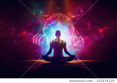 Body silhouette in lotus pose against cosmic background. Generative AI 101874129