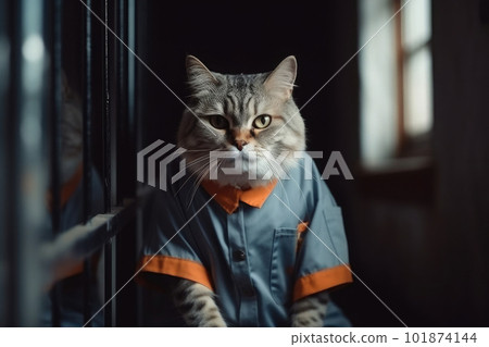 Cat in prisoner costume in prison cage. Stock Illustration 101874144 PIXTA