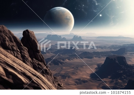 Surface of unknown planet with craters and mountains. Generative AI 101874155