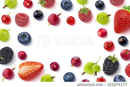 Fruits and berries frame isolated on white background, flat lay 101874177
