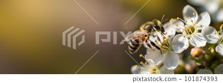 Banner with bee on white flower collects pollen. Generative AI illustration 101874393
