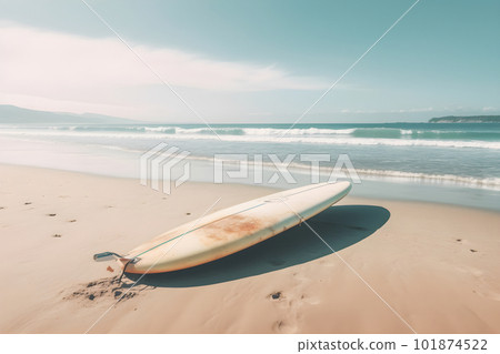Surfboard on long sandy deserted ocean beach Surfboard on long sandy deserted ocean beach 101874522