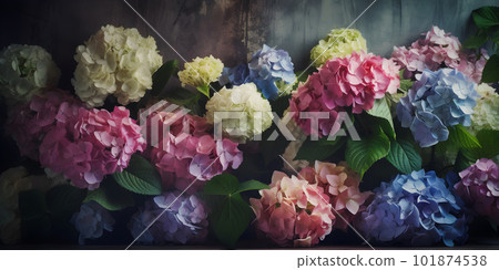 Dark moody floral hydrangea flower wall background 101874538