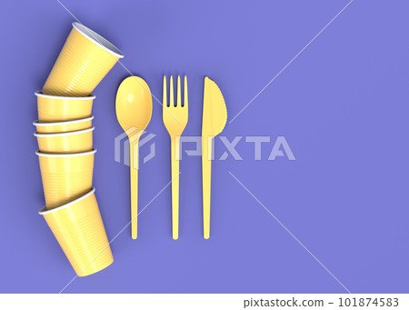 Set of disposable utensils like plate, folk, spoon,knife and cup on monochrome Set of disposable utensils like plate, folk, spoon,knife and cup on monochrome 101874583