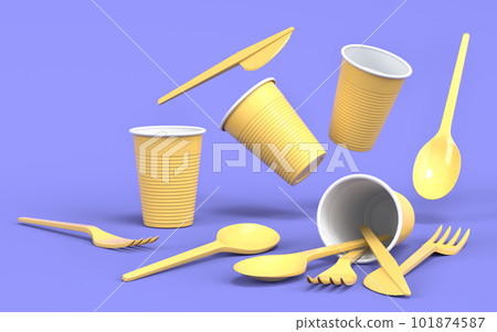 Set of disposable utensils like plate, folk, spoon,knife and cup on monochrome 101874587
