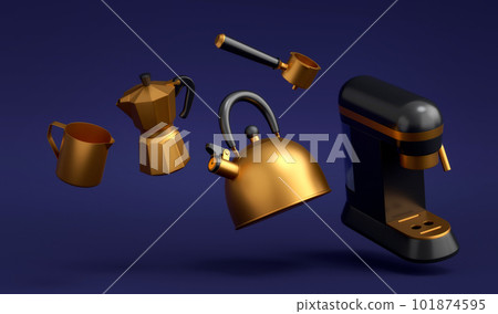 Espresso coffee machine with horn, kettle and geyser coffee maker on blue . Espresso coffee machine with horn, kettle and geyser coffee maker on blue . 101874595