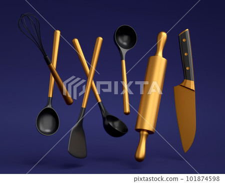 Wooden kitchen utensils, tools and equipment on blue background. 101874598
