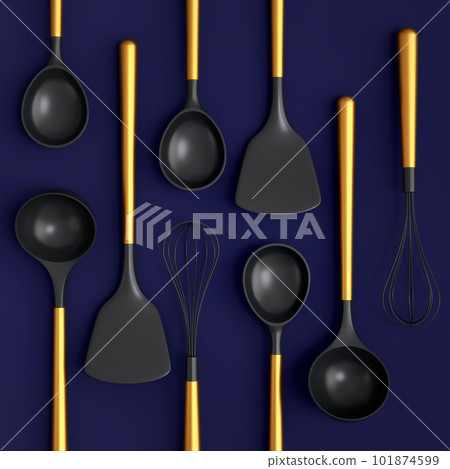 Wooden kitchen utensils, tools and equipment on blue background. 101874599