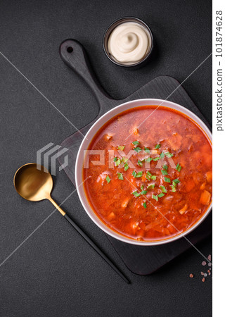 Delicious fresh Ukrainian borscht with beets, carrots and cabbage Delicious fresh Ukrainian borscht with beets, carrots and cabbage 101874628