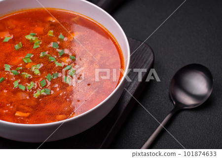 Delicious fresh Ukrainian borscht with beets, carrots and cabbage Delicious fresh Ukrainian borscht with beets, carrots and cabbage 101874633