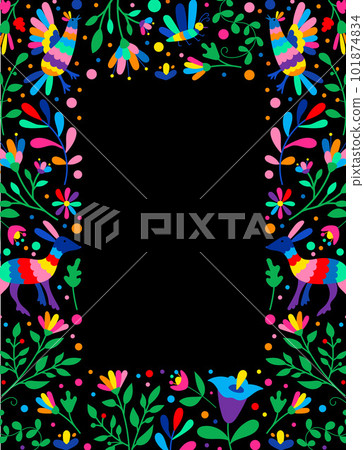 Mexican otomi embrodery ornament. Colorful Mexican Traditional Textile Embroidery Style. Folk otomi style graphic, wallpaper. Festive mexican floral motif. Mexican otomi embrodery ornament. Colorful Mexican Traditional Textile Embroidery Style. Folk otomi style graphic, wallpaper. Festive mexican floral motif. 101874834