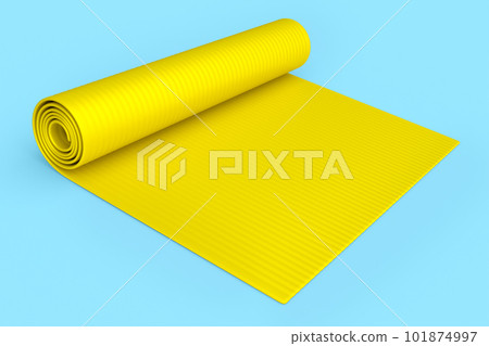 Yellow yoga mat or lightweight foam camping bed roll pad isolated on blue background. 3d rendering of sport equipment for fitness, yoga and active workout Yellow yoga mat or lightweight foam camping bed roll pad isolated on blue background. 3d rendering of sport equipment for fitness, yoga and active workout 101874997