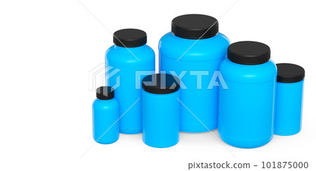 Set of blue plastic jar for sport nutrition whey protein and gainer powder isolated on white background. 3d rendering of sport supplement for crossfit, trx and powerlifting workout Set of blue plastic jar for sport nutrition whey protein and gainer powder isolated on white background. 3d rendering of sport supplement for crossfit, trx and powerlifting workout 101875000