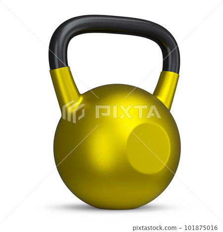 Heavy gym gold kettlebell for workout isolated on white background. 3d rendering of sport equipment for fitness and powerlifting Heavy gym gold kettlebell for workout isolated on white background. 3d rendering of sport equipment for fitness and powerlifting 101875016