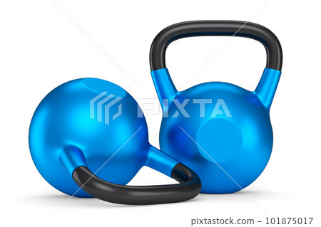 Heavy gym blue kettlebell for workout isolated on white background. 3d rendering of sport equipment for fitness and powerlifting Heavy gym blue kettlebell for workout isolated on white background. 3d rendering of sport equipment for fitness and powerlifting 101875017