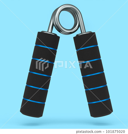 Iron hand expander or resistance band with rubber handle isolated on blue background. 3d rendering of sport equipment for fitness, trx and powerlifting 101875020