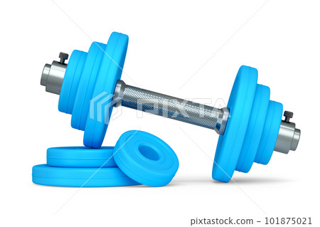Metal dumbbell with blue disks isolated on white background. 3d rendering of sport equipment for fitness and powerlifting Metal dumbbell with blue disks isolated on white background. 3d rendering of sport equipment for fitness and powerlifting 101875021