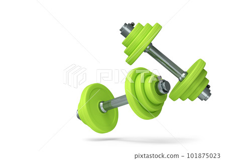 Pair of dumbbells with green disks isolated on white background. 3d rendering of sport equipment for fitness and powerlifting Pair of dumbbells with green disks isolated on white background. 3d rendering of sport equipment for fitness and powerlifting 101875023
