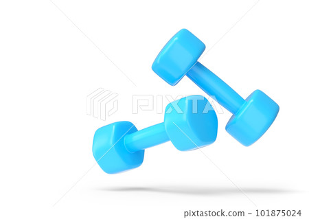Pair of rubber blue dumbbells isolated on white background. 3d rendering of sport equipment for fitness and powerlifting Pair of rubber blue dumbbells isolated on white background. 3d rendering of sport equipment for fitness and powerlifting 101875024