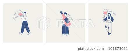 A set of illustrations of cute characters with huge glasses and bottles of wine. Lettering - wine this love, wine loverand a wine party. For the design of postcards, posters or invitations. A set of illustrations of cute characters with huge glasses and bottles of wine. Lettering - wine this love, wine loverand a wine party. For the design of postcards, posters or invitations. 101875031