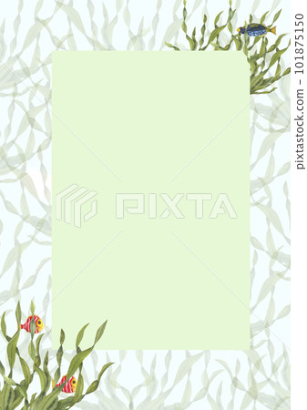 Watercolor vertical frame in marine style isolated on white background. Illustration with fishes, algae for postcard design, different invitation template, birthday card, notebook design 101875150