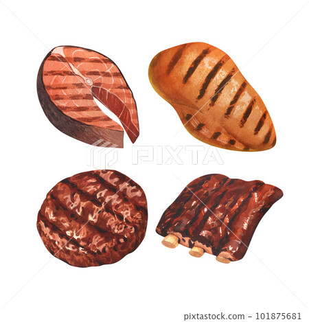 Watercolor bbq grilled steak beef, steak, ribs, beefsteak, chicken and fish. Hand-drawn illustration isolated on white background. Perfect for menu butchery food, meat product Watercolor bbq grilled steak beef, steak, ribs, beefsteak, chicken and fish. Hand-drawn illustration isolated on white background. Perfect for menu butchery food, meat product 101875681