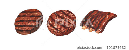 Watercolor bbq grilled steak beef, steak, ribs, beefsteak. Hand-drawn illustration isolated on white background. Perfect for menu butchery food, meat product Watercolor bbq grilled steak beef, steak, ribs, beefsteak. Hand-drawn illustration isolated on white background. Perfect for menu butchery food, meat product 101875682