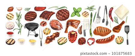 Watercolor barbecue elements set. Collection of equipment for cooking bbq - grill, brazier, sausages, fish, chicken and meat. Hand-drawn illustration isolated on white background. Perfect for menu Watercolor barbecue elements set. Collection of equipment for cooking bbq - grill, brazier, sausages, fish, chicken and meat. Hand-drawn illustration isolated on white background. Perfect for menu 101875683