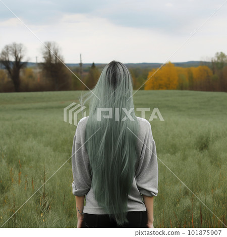 Beautiful girl with long green hair on the background of fields of green meadow landscape, color harmony, beautiful illustration, unusual background, creative wallpaper, Beautiful girl with long green hair on the background of fields of green meadow landscape, color harmony, beautiful illustration, unusual background, creative wallpaper, 101875907