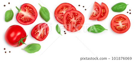 Tomato slices with basil isolated on white background. FTop view with copy space for your text. Flat lay 101876069
