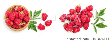 raspberries in wooden bowl with leaves isolated on white background. Top view. Flat lay 101876111
