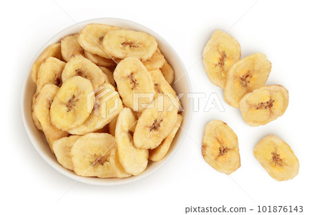Dried banana chips in ceramic bowl isolated on white background with full depth of field. Top view. Flat lay Dried banana chips in ceramic bowl isolated on white background with full depth of field. Top view. Flat lay 101876143