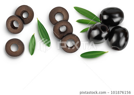 Black olives with leaves isolated on a white background with full depth of field. Top view with copy space for your tex. Flat lay Black olives with leaves isolated on a white background with full depth of field. Top view with copy space for your tex. Flat lay 101876156