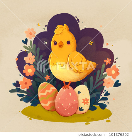 Easter card. Cute little yellow chicken sitting on colorful Easter eggs surrounded by flowers and leaves Easter card. Cute little yellow chicken sitting on colorful Easter eggs surrounded by flowers and leaves 101876202