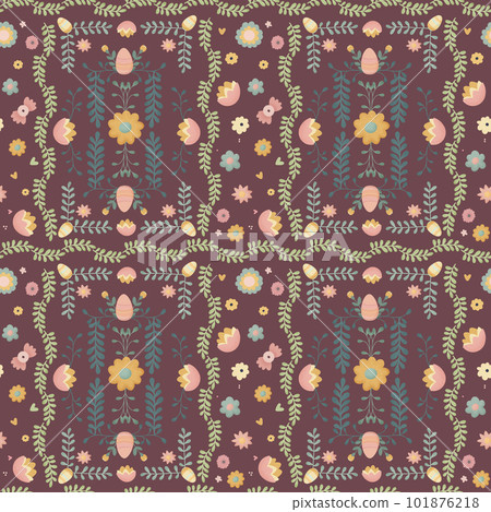 Easter ornaments seamless pattern with flowers, leaves and eggs Easter ornaments seamless pattern with flowers, leaves and eggs 101876218