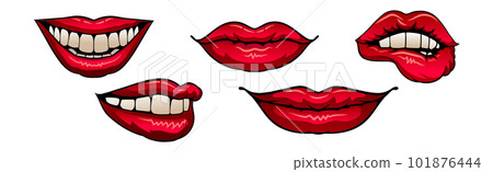 Red Upper and Lower Lips Closed and Showing Teeth in Smile Vector Set 101876444