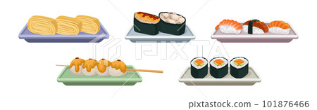 Asian Food with Sushi and Sashimi Served on Board Vector Set 101876466