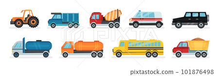 Tractor, Cement Truck, Ambulance, School Bus and Dump Truck as Cars and Wheeled Motor Vehicle Vector Set Tractor, Cement Truck, Ambulance, School Bus and Dump Truck as Cars and Wheeled Motor Vehicle Vector Set 101876498